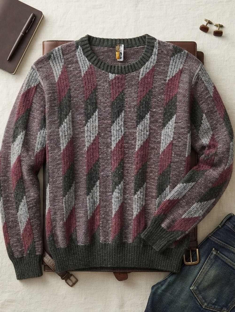 Vintage London Fog Red Gray Black Geometric Pattern Knit Long Sleeve Sweater